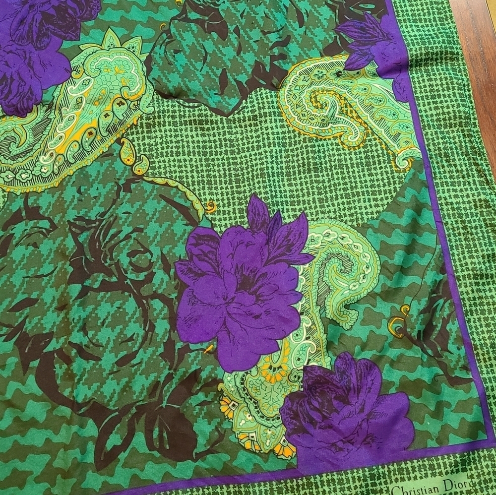 Christian Dior Autumn Green Hues Violet Floral Paisley Silk Scarf - Picture 8 of 11